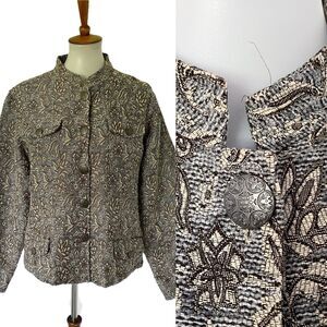 Chicos Blazer Size 3 Tan Gray Brown Brocade Filigree Buttons Jacket XL Women's